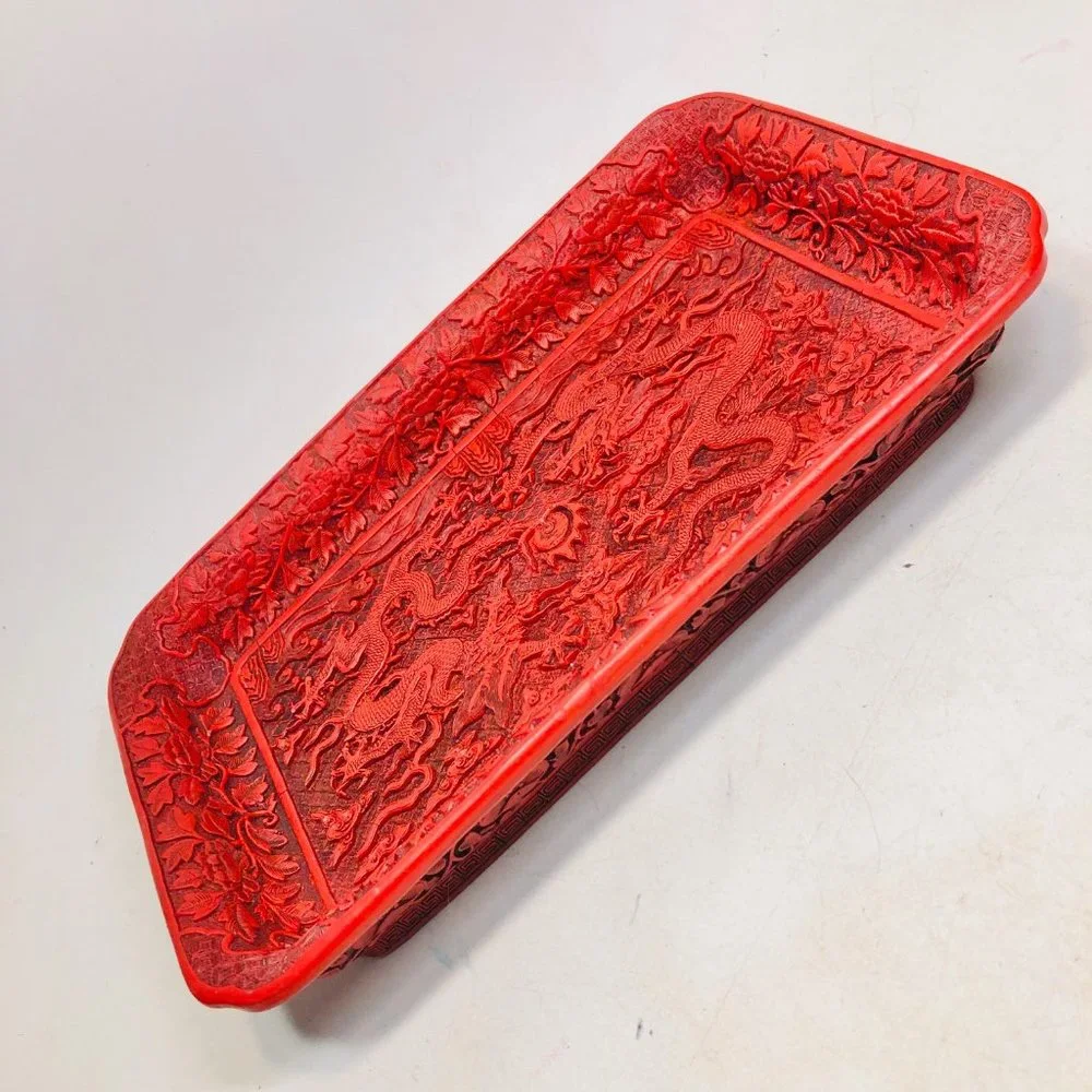 Vtg Chinese Cinnabar Style Resin Dragons Tray